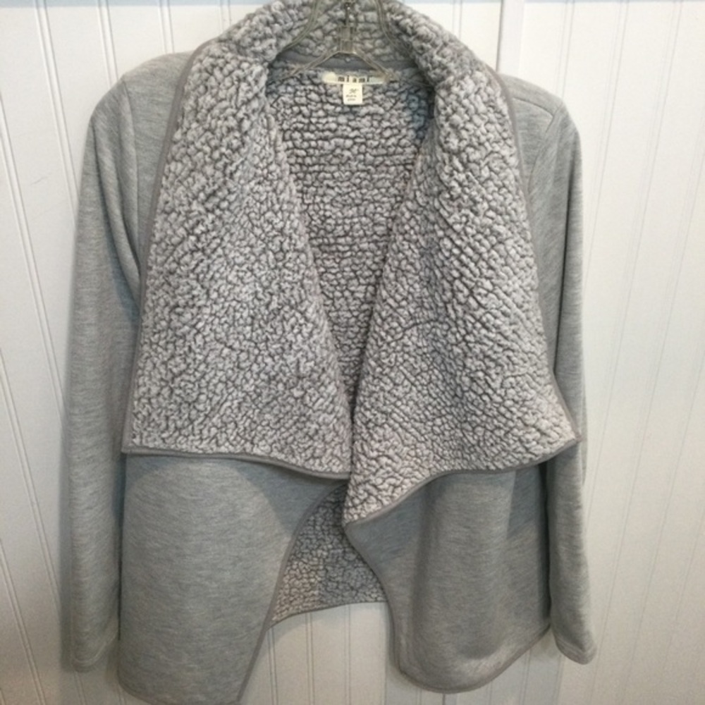 Miami Gray Fleece With Fury Collar & Lining Open Front Jacket Size Medium